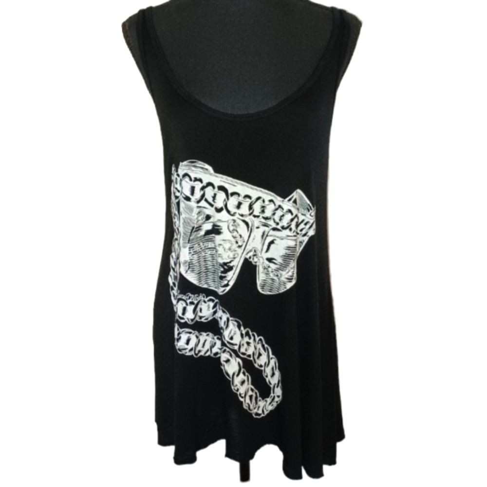 Lauren Moshi Graphic Print Knit Sleeveless Tank Top Tee Shirt Sz Large Black